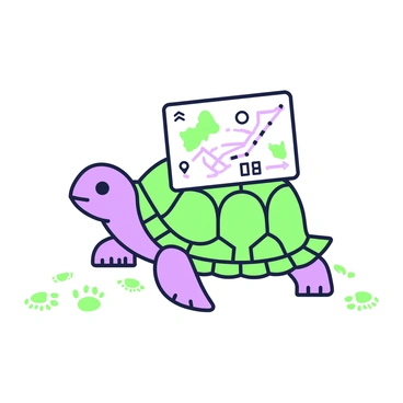 A curious turtle examining a map spread out on its shell