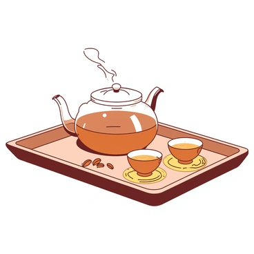 A glass teapot filled with amber-colored tea, steaming gently on a wooden tray