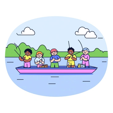 A small barge floating on a calm lake. Several children are standing on the side of the barge, holding fishing rods with bright colored lines. Each child displays a different expression of excitement. The scene includes a few fishing tackle boxes placed on the deck of the barge. Gentle ripples form around the barge, reflecting the surrounding greenery and blue sky.