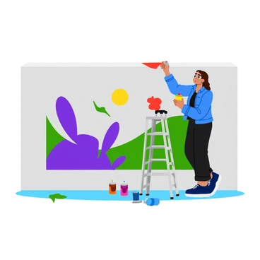 A woman wearing a blue denim jacket and black leggings is spray painting a vibrant mural on a gray city wall. She is standing on a small ladder, reaching up to add bright red and yellow splashes to the design. The mural features abstract shapes and playful patterns, including swirling lines and stylized flowers in shades of purple and green. The sun is shining overhead, creating a lively atmosphere, and several cans of spray paint in various colors are scattered on the ground around the ladder.