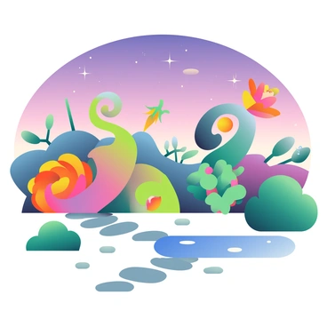 A garden filled with various plants that grow in unusual and contorted shapes is under a twilight sky. The plants have vibrant colors, with some displaying swirling tendrils and others forming geometric patterns. The sky is a gradient of deep purple and soft pink, with a few stars starting to twinkle. Shadows from the odd-shaped plants stretch across the ground, creating a whimsical atmosphere. In the foreground, a large, spiraled flower with bright orange petals stands out among smaller, twisted bushes. A small path made of smooth stones winds through the garden, leading to a small pond that reflects the colors of the sky.