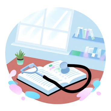 A "stethoscope" is draped over an "open medical textbook" that displays various anatomical diagrams and medical terminology. The "study room" has a wooden desk with a polished surface, and there are scattered "notebooks" and "pens" alongside the textbook. A "window" allows soft natural light to filter in, casting gentle shadows across the scene. On the wall, there are "shelves" filled with medical reference books and a small potted plant is placed on the desk, adding a touch of greenery to the environment.