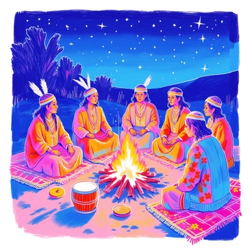 A gathering of indigenous leaders is taking place around a large communal fire. Each leader is seated on intricately woven mats, dressed in traditional attire that features vibrant patterns and colors. The fire is crackling, casting warm, flickering light on their faces. Surrounding the fire are various tribal artifacts, including drums and colorful blankets. The leaders are engaged in conversation, some leaning forward with expressions of intensity and respect as they share stories and wisdom. The night sky above is filled with stars, adding to the atmosphere of unity and connection.