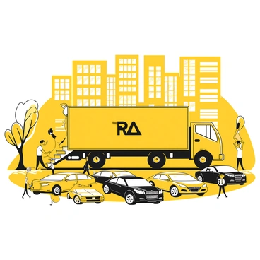 A delivery truck is parked in the middle of a bustling city center, with its back doors open wide. Several American cars, in various models and colors, are being unloaded from the truck. The cars are lined up neatly on the pavement, showcasing their distinct features such as chrome accents and bold designs. People are walking around, some stopping to look at the newly arrived vehicles. Tall buildings with large windows surround the area, and a clear sky is visible above.