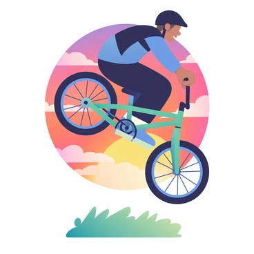 A BMX rider with a dark helmet and a blue and black racing jersey is soaring through the air while executing an aerial trick. The rider's bike is angled at 45 degrees, showcasing the intricate design of the wheels and frame. The sky behind the rider is filled with a vibrant sunset, featuring hues of orange, pink, and purple blending together. Wispy clouds catch the sun's rays, adding depth to the backdrop. Below, a silhouette of grassy terrain can be seen, framing the scene. The rider's focus is evident, making the action capture the thrill of BMX riding.