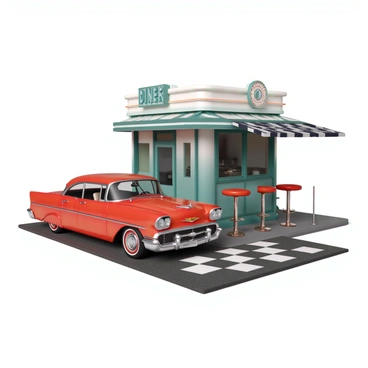 A 3D classic car parked outside a 1950s style diner
