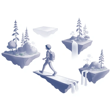 A character walks along a narrow path that connects a series of floating islands. The character is dressed in travel attire and carries a small backpack. Each island features unique vegetation, with tall trees and vibrant plants. In the background, several waterfalls cascade down from the edges of the islands, creating streams that appear to flow into the open air. The water forms a mist before disappearing into the clouds below. The scene conveys a sense of adventure and exploration, with the character gazing ahead as they navigate this whimsical landscape.