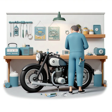 A mechanic, wearing a blue jumpsuit with tools hanging from his pockets, is carefully working on a vintage BMW motorcycle. The motorcycle, featuring a classic design with a shiny chrome finish and a deep black body, is partially disassembled, with various parts scattered around. The workshop is cluttered, with tools, spare parts, and oil cans on wooden benches, and a bright overhead light illuminating the scene. Old posters of motorcycles and racing events adorn the walls, adding character to the space. The mechanic is focused, using a wrench to tighten a bolt while a small radio plays softly in the background.
