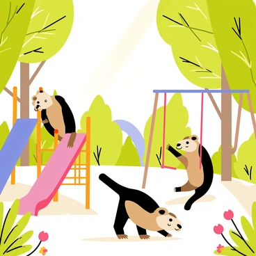 Two pangolins playing joyfully in a leafy playground filled with vibrant green trees. One pangolin is climbing up a colorful slide, while another is swinging back and forth on a red swing. The playground features a variety of structures, including a bright blue slide and several swings, surrounded by lush foliage and small flowers. Sunlight filters through the leaves, casting playful shadows on the ground as the pangolins engage in their playful activities.