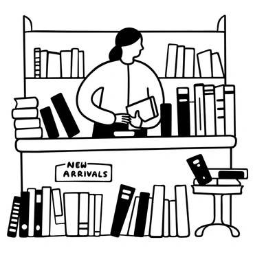 A friendly librarian standing behind a wooden counter, sorting books into neat piles. The librarian is dressed in a simple cardigan and has hair tied back. Surrounding the counter are stacks of books with various sizes and covers, some leaning precariously. There are shelves in the background filled with even more books. A small table beside the counter holds a few open books and a pencil. A sign on the counter reads "New Arrivals."