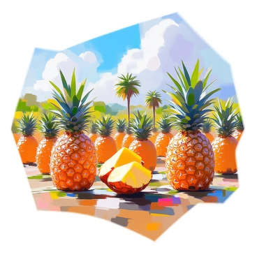 A vast field filled with ripe pineapples, each pineapple showcasing its spiky crown and golden-yellow skin. The field is neatly arranged in rows, with a multitude of green leaves surrounding each fruit. In the background, a tropical landscape unfolds, featuring lush palm trees and vibrant green foliage. The sky above is a bright blue with a few fluffy white clouds, allowing sunlight to illuminate the field and accentuate the tropical atmosphere.