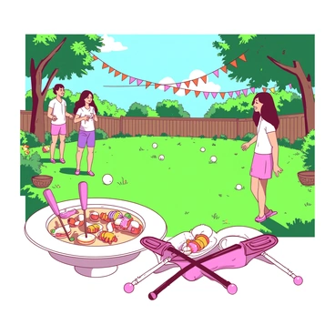 A vibrant backyard set for a croquet party features an expansive green lawn dotted with colorful lawn decorations. Strings of orange and pink bunting are hanging between trees, fluttering in the gentle breeze. A set of pristine white croquet wickets stands ready for players, with colorful mallets laid out neatly beside them. On a nearby table, a large white platter is filled with an assortment of snacks, including bright fruit skewers and small finger sandwiches. The scene is lively, with guests wearing summer attire and enjoying the sunny day, laughter filling the air as they prepare to play.
