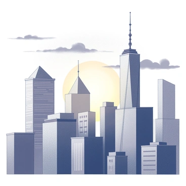 A city skyline filled with tall buildings of various shapes and sizes. The structures include skyscrapers with antennas and large glass windows, all outlined clearly in black. There are different architectural styles represented, from modern to classic designs, creating a varied visual profile. The scene captures the silhouettes of the buildings against a sunset sky, which is filled with intricate details of clouds and distinct layers of texture, illustrating a dramatic transition between day and night.