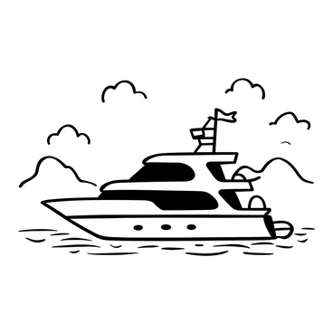 A luxurious yacht anchored on calm waters, with the hull reflecting the light. The yacht has multiple decks and sails, with a flag flying at the top of the mast. Surrounding the yacht are gentle waves, creating a sense of tranquility. The sky above is filled with fluffy clouds scattered throughout. In the background, distant silhouettes of mountains are visible on the horizon.