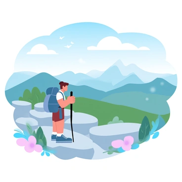 A hiker is standing on a rocky mountain trail, looking out over a vast landscape filled with rolling hills and distant peaks. The hiker is wearing a sturdy backpack and hiking boots, with a walking stick resting beside them. Surrounding the trail are patches of vibrant wildflowers and green shrubs. In the background, a clear blue sky stretches overhead, and fluffy white clouds drift lazily. A few birds can be seen soaring in the distance, adding to the sense of nature's beauty.