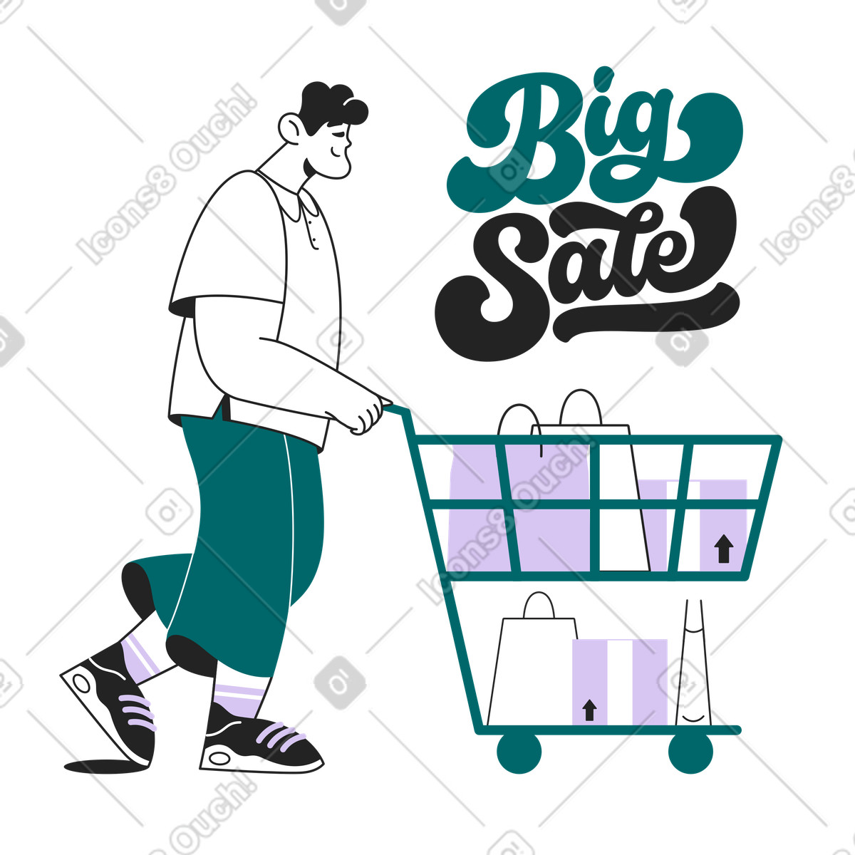 Shopper with bags in trolley, Big sale promotion illustration Sammy Line style download PNG, SVG