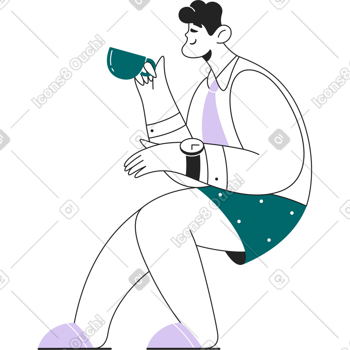 Illustration Homme assis en pantoufles buvant du thé dans le style Sammy Line à télécharger aux formats PNG, SVG