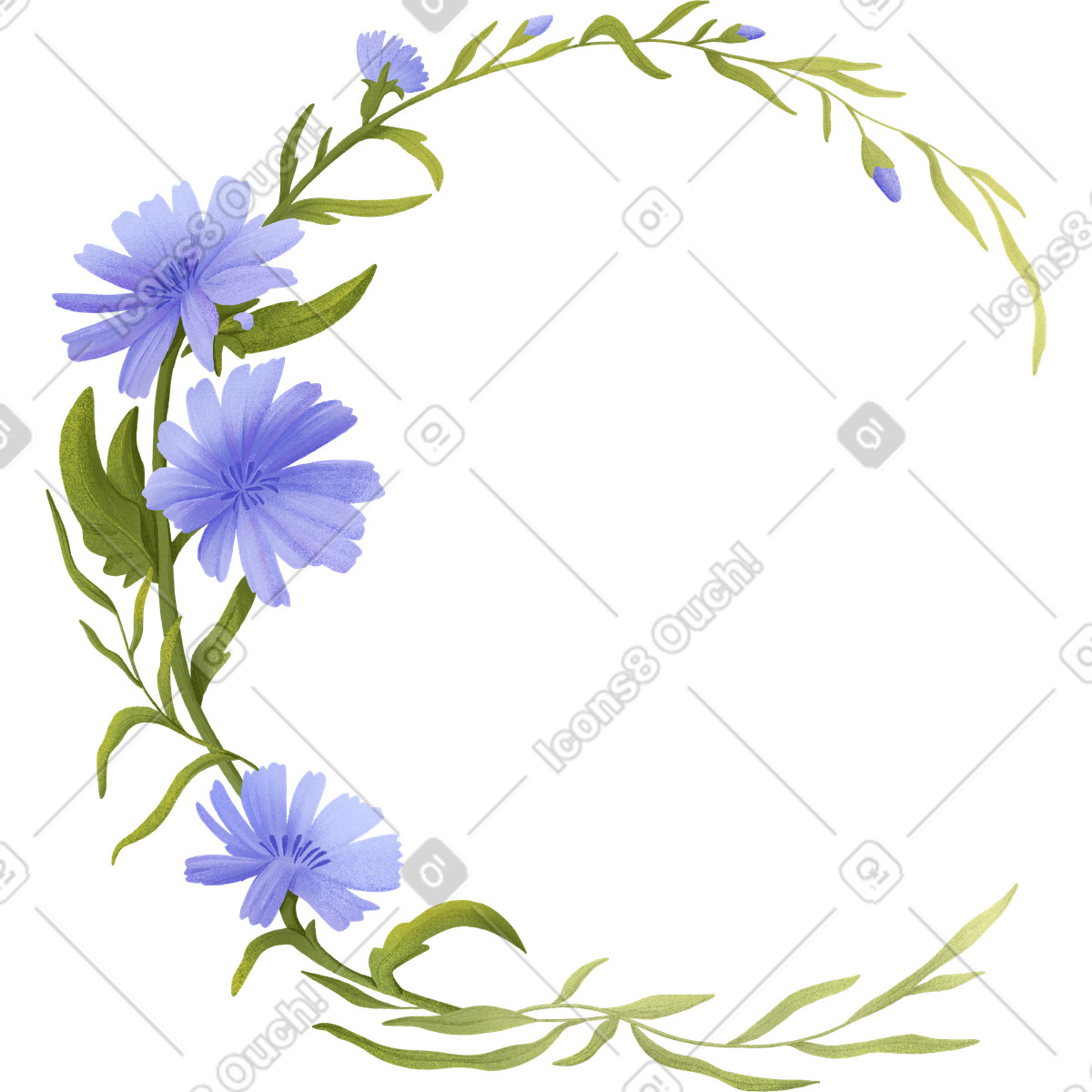 Flowers of blue cornflowers collected in a wreath semicircular frame-Illustration im Experimental-Stil als Download PNG, SVG