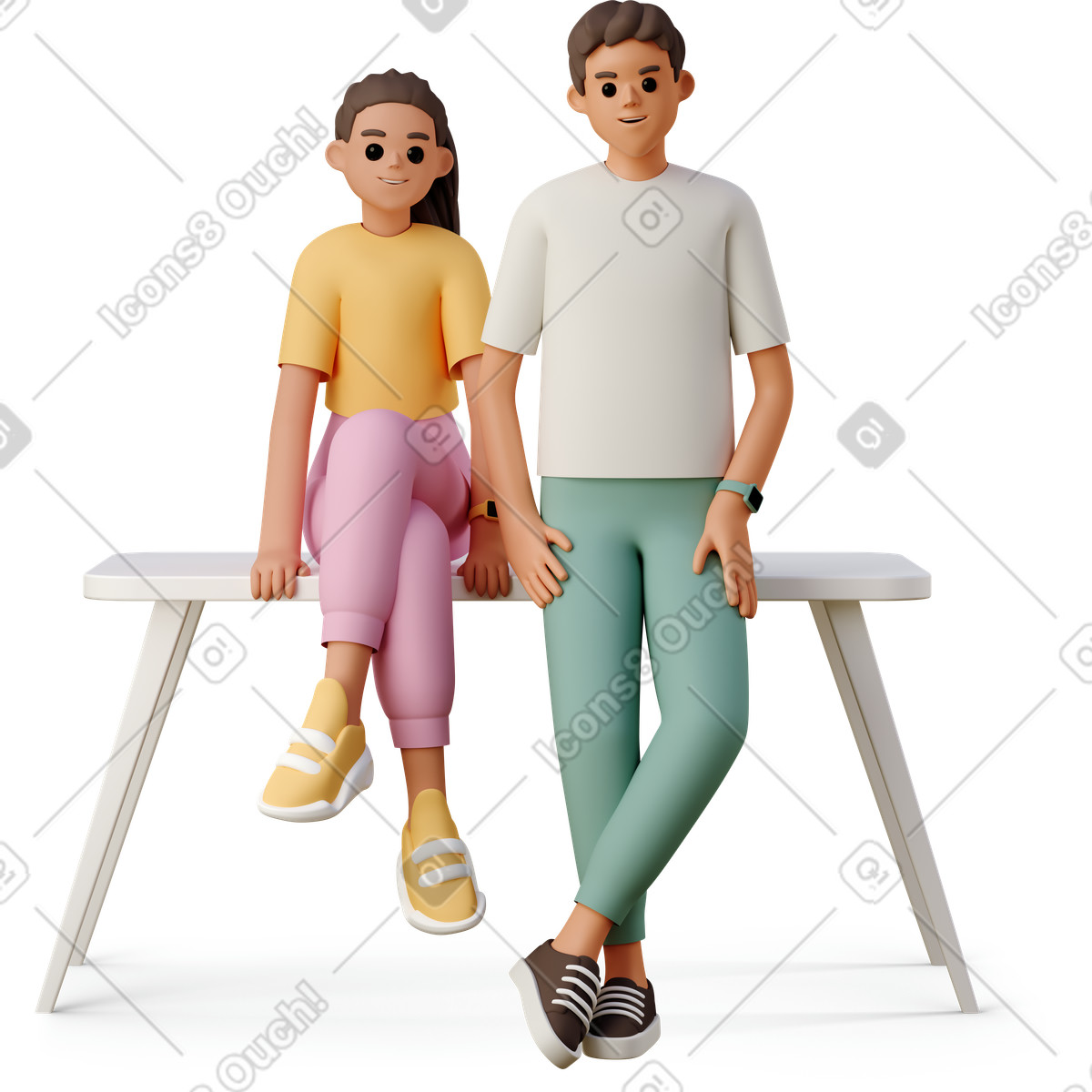 Boy and girl sitting with gadgets on the table illustration in 3D Casual life style download in PNG, SVG