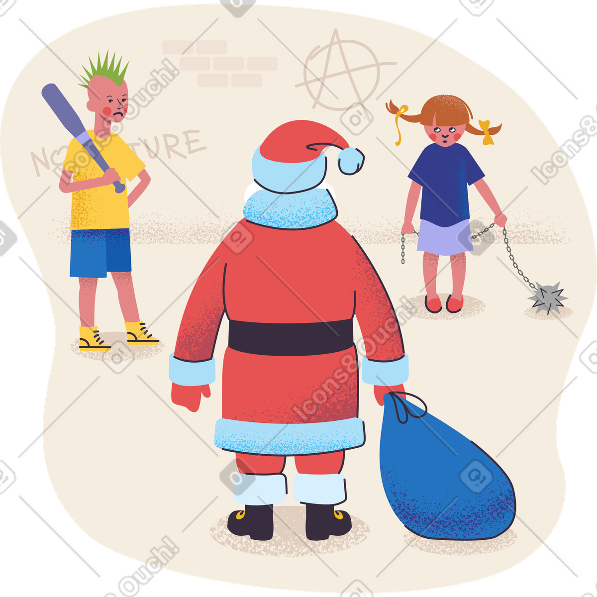 Santa claus looking at misbehaving children illustration in Pale style download in PNG, SVG