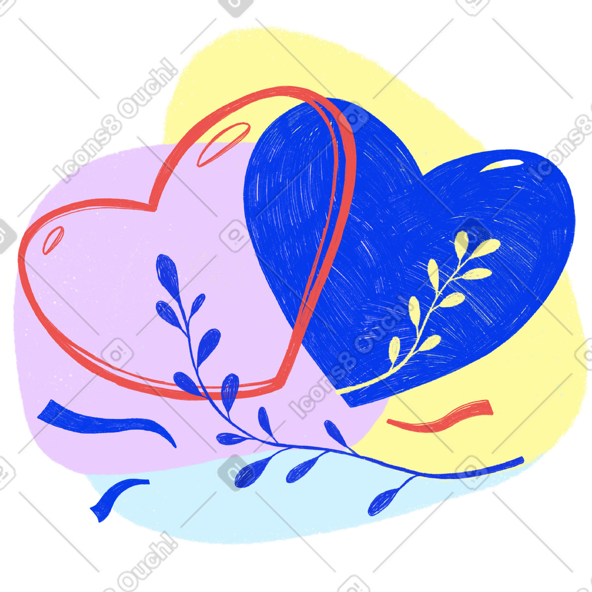 Cuore blu e rosso con rametti su uno sfondo di macchie decorative illustrazione in stile Biro scarica in PNG, SVG