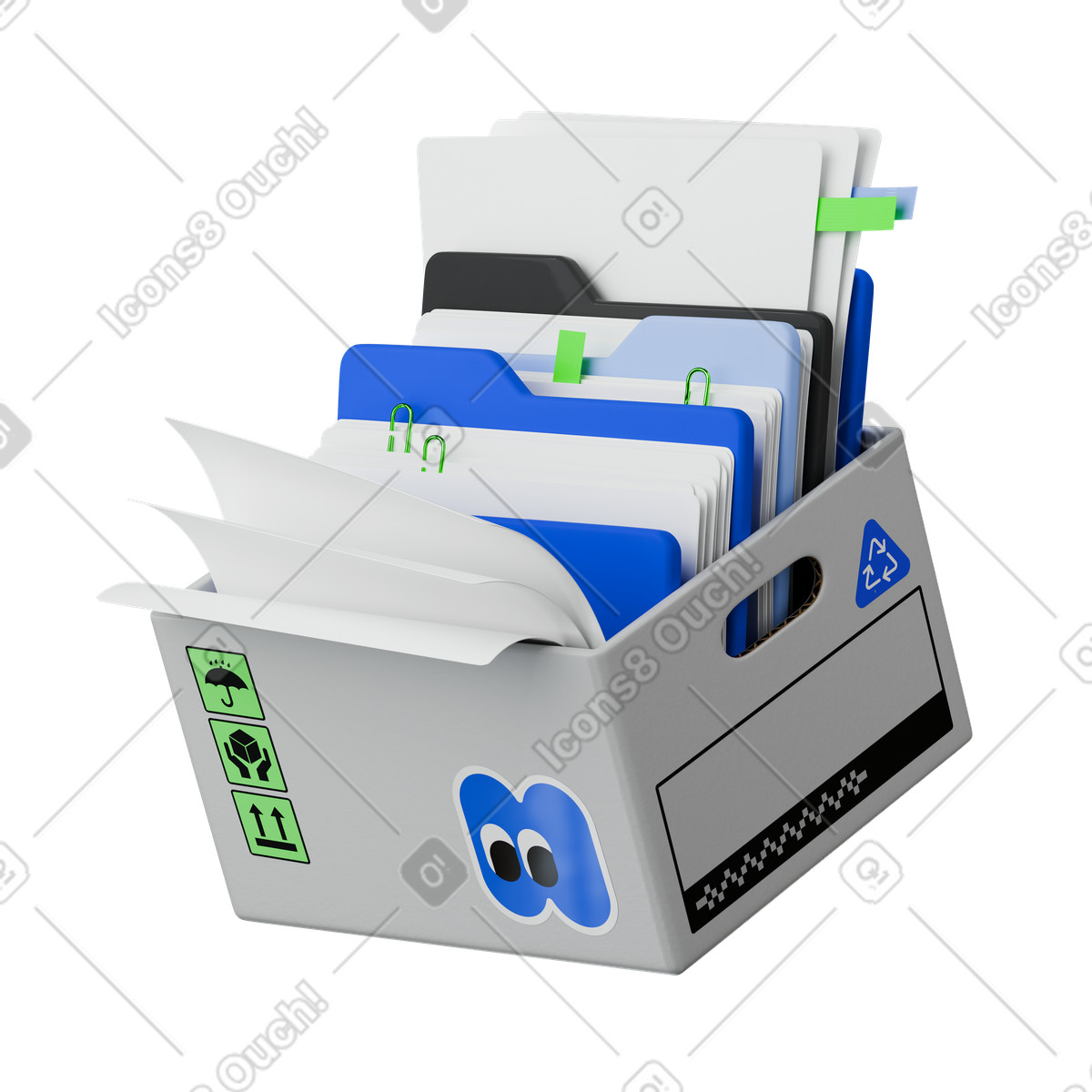 Ilustración animada Office archive storage box holding folders with papers en estilo 3D Stickle a descargar en GIF, Lottie (JSON), AE