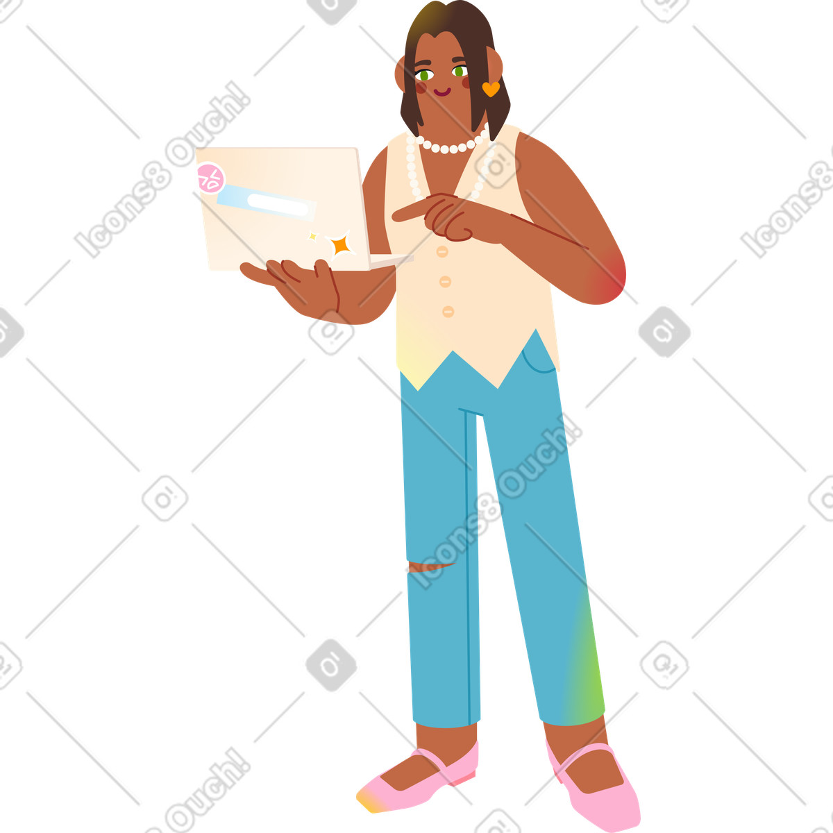 Fizzy スタイルの ノートパソコンを持って指差す女性 のイラストをPNG、SVG形式でダウンロード