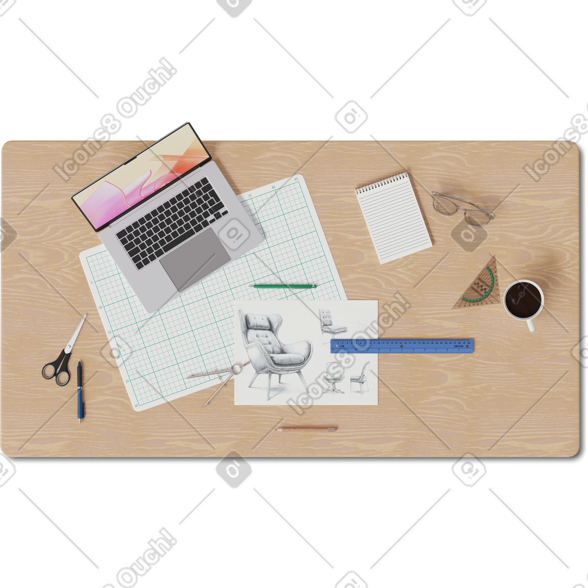 Top view of desk with laptop and sketch illustration in 3D Hygge style download in PNG, SVG