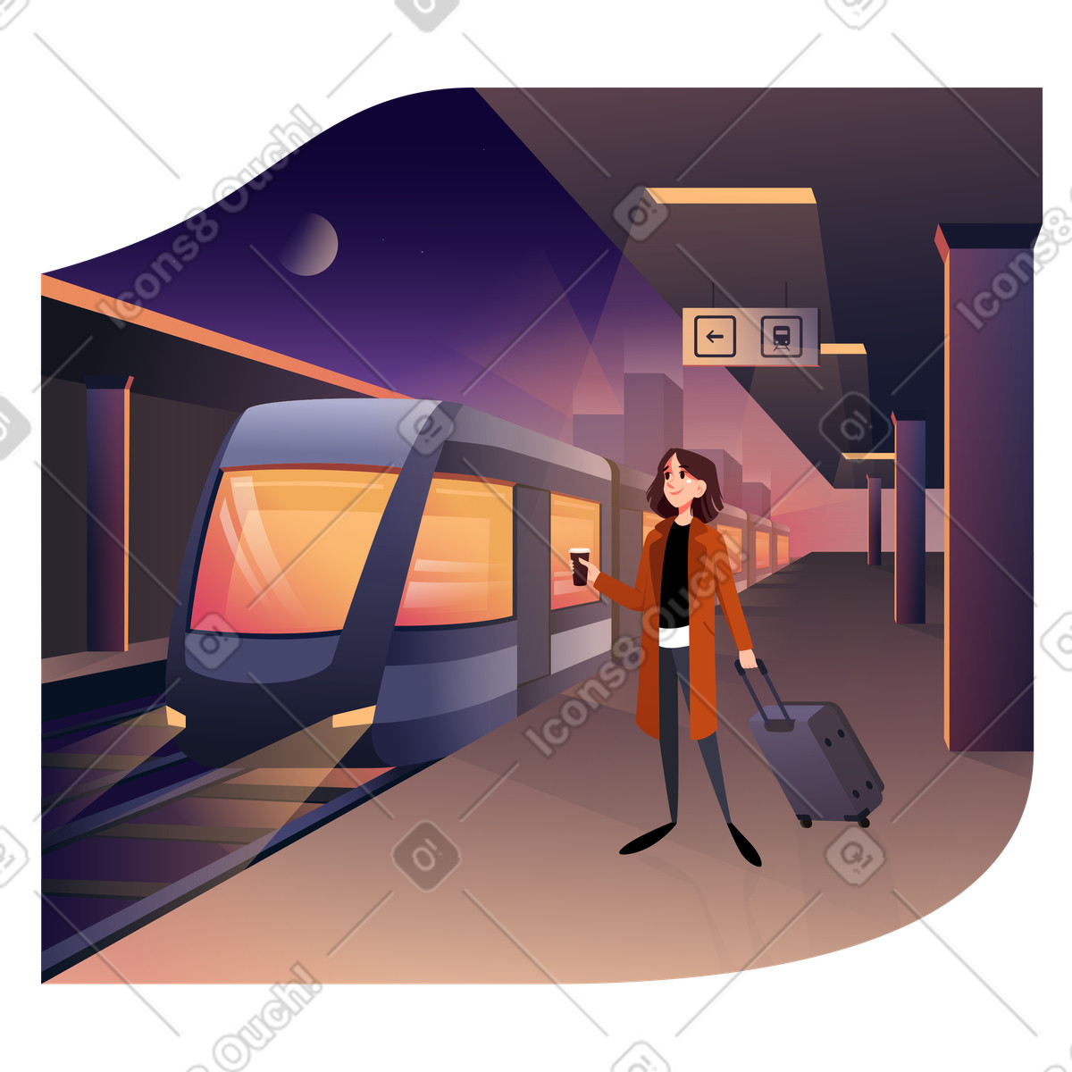 Frau, die mit einem koffer am bahnhof steht-Illustration im Vivid-Stil als Download in PNG, SVG
