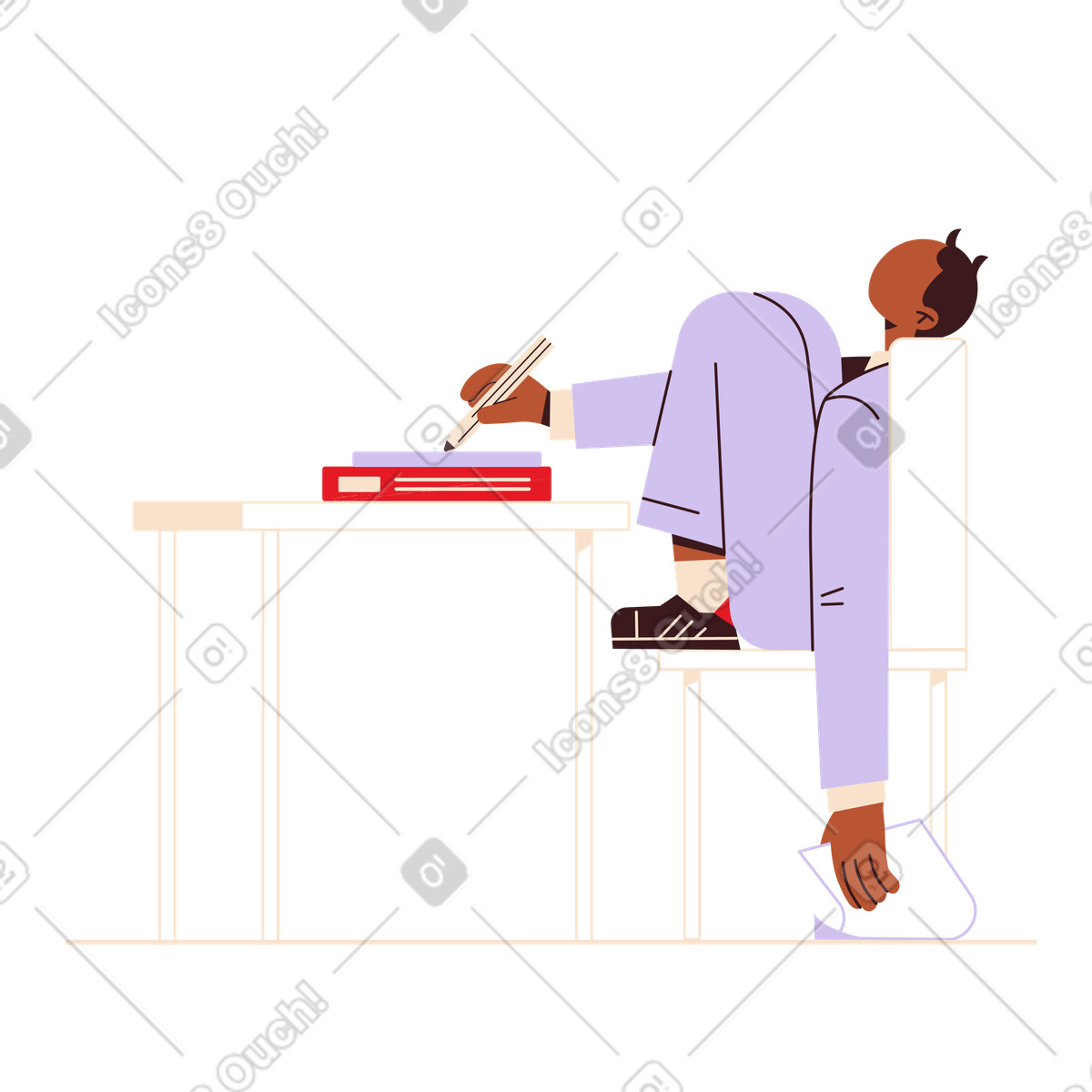 Junge sitzt auf einem stuhl und schreibt-Illustration im Folks-Stil als Download in PNG, SVG