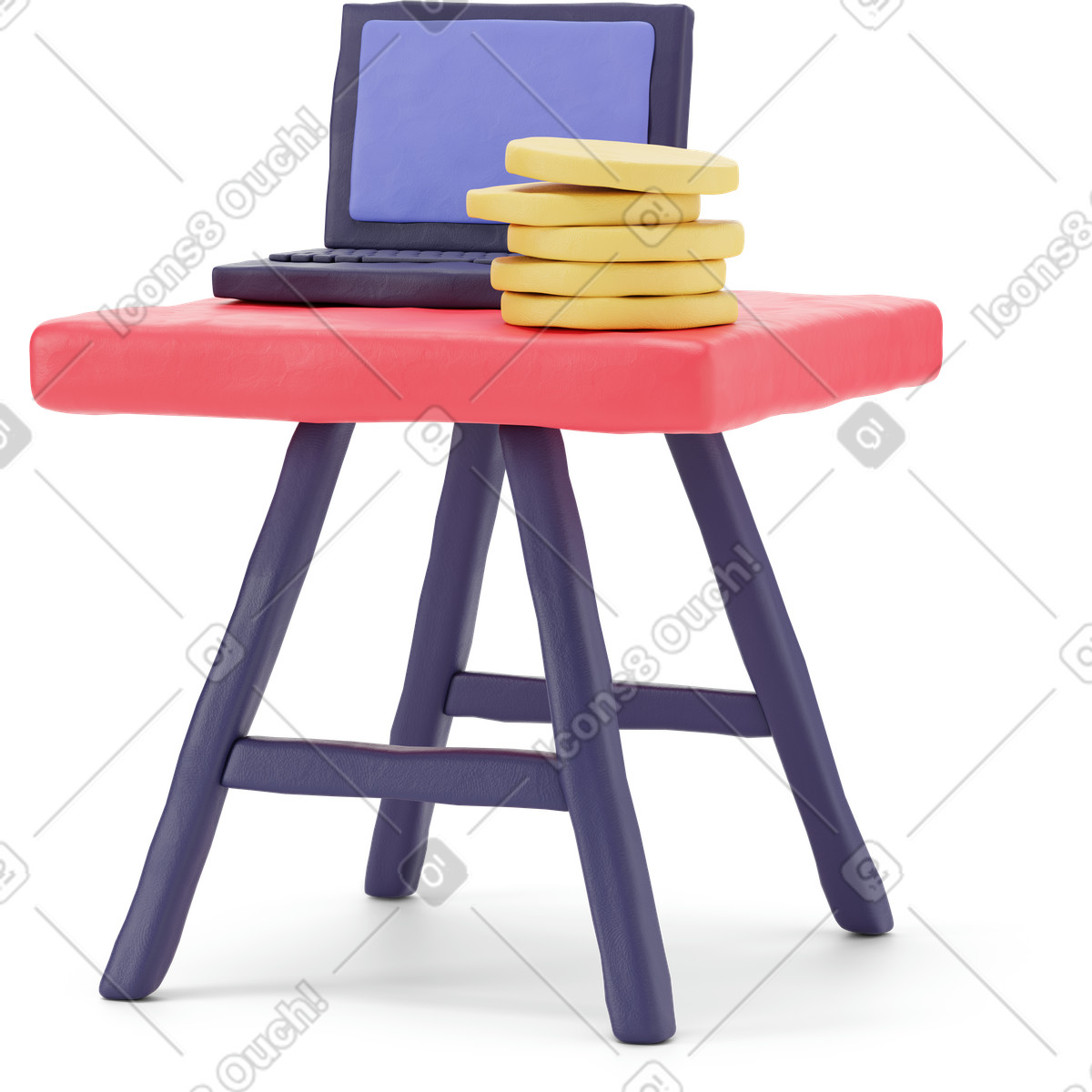 Illustration Ordinateur portable ouvert et une pile de pièces sur table rouge dans le style 3D Stripy à télécharger aux formats PNG, SVG