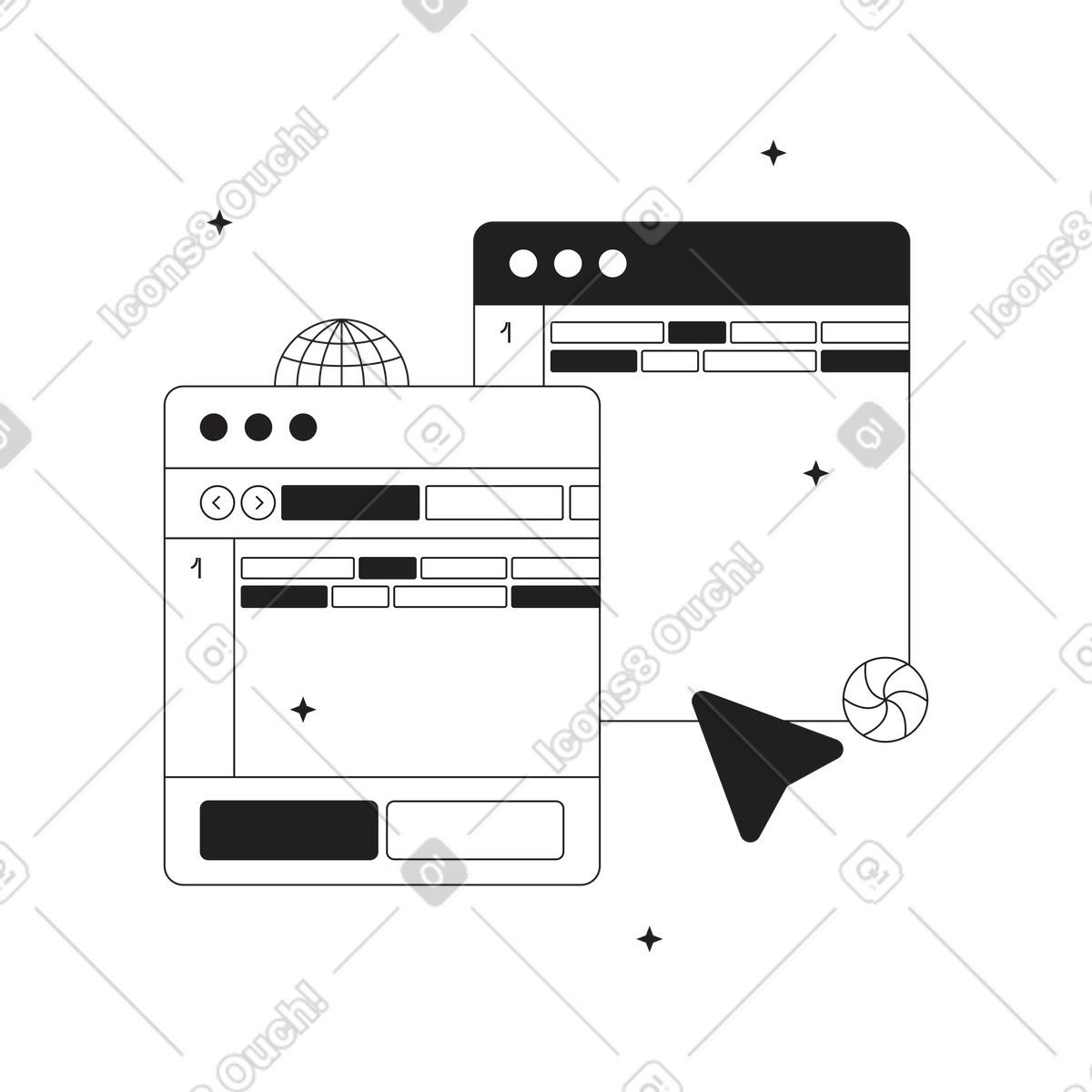 Two browser windows with panels and select arrow illustration in Tokyo style download in PNG, SVG