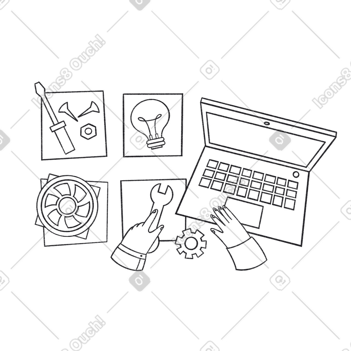 Man repairs and diagnoses a laptop illustration repair clipart graphic vector