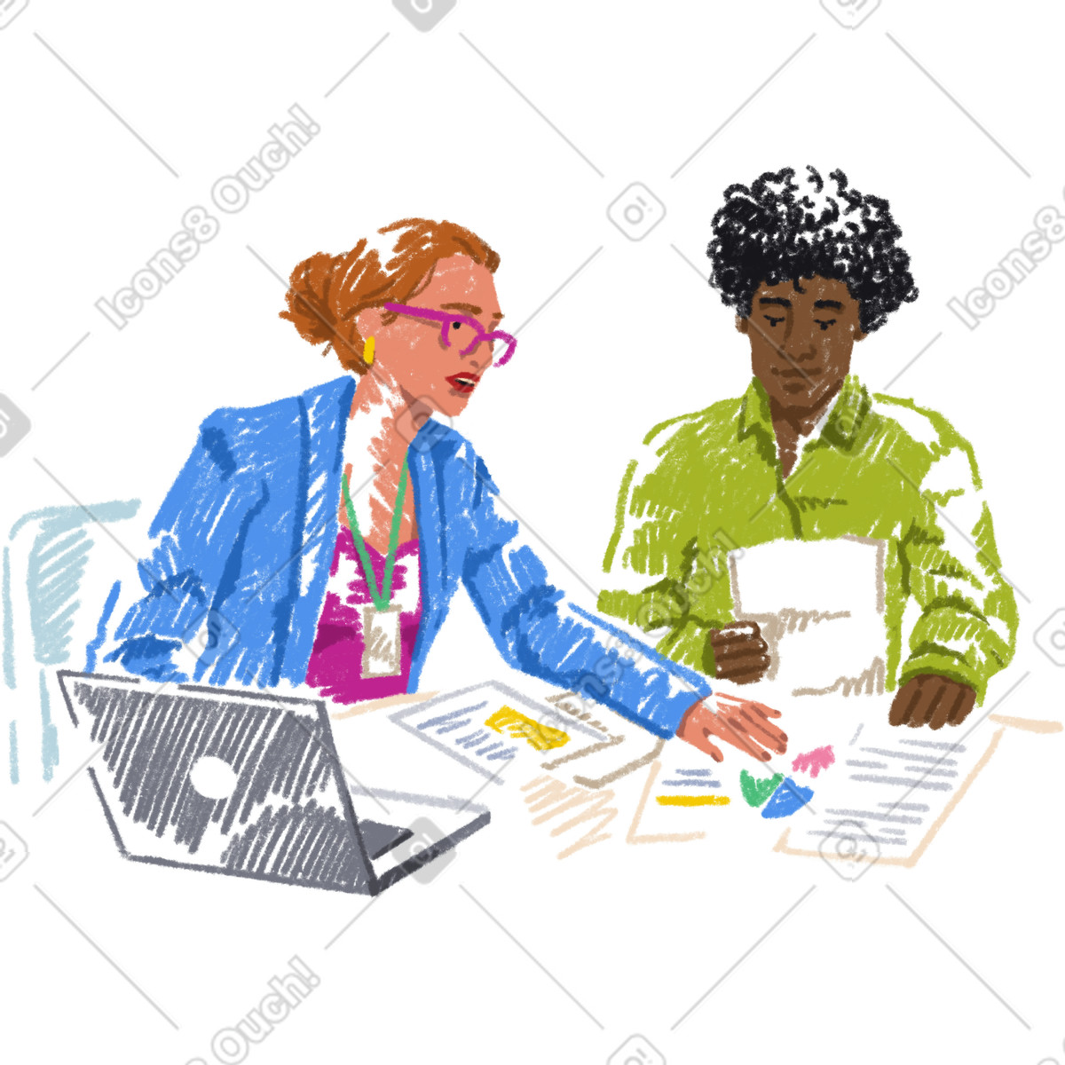 Sketchbook 스타일의 Woman and a man analyze data 일러스트레이션 PNG, SVG 다운로드