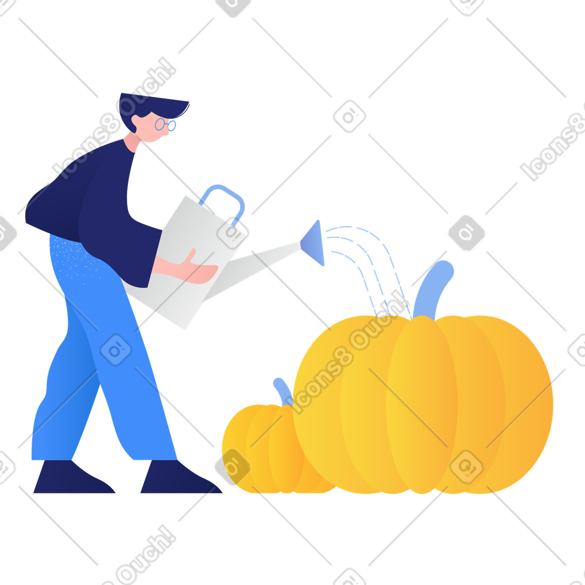 Ilustración Hombre regando una calabaza grande en estilo Clip a descargar en PNG y SVG