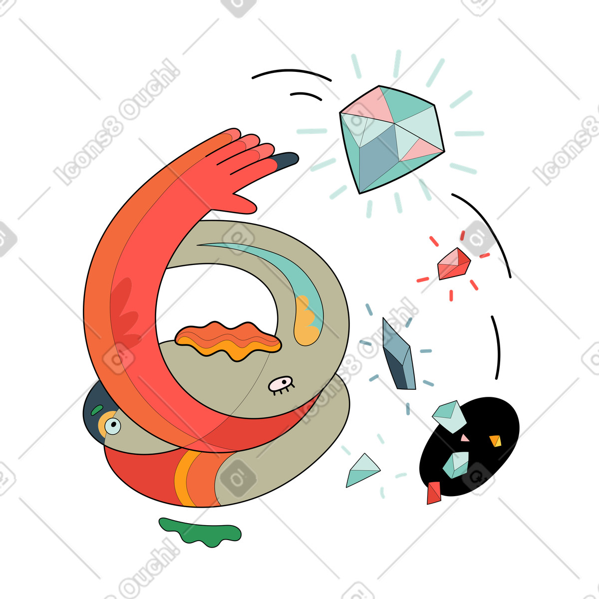 Creature paying with gemstones and jewels illustration in Surr style download in PNG, SVG