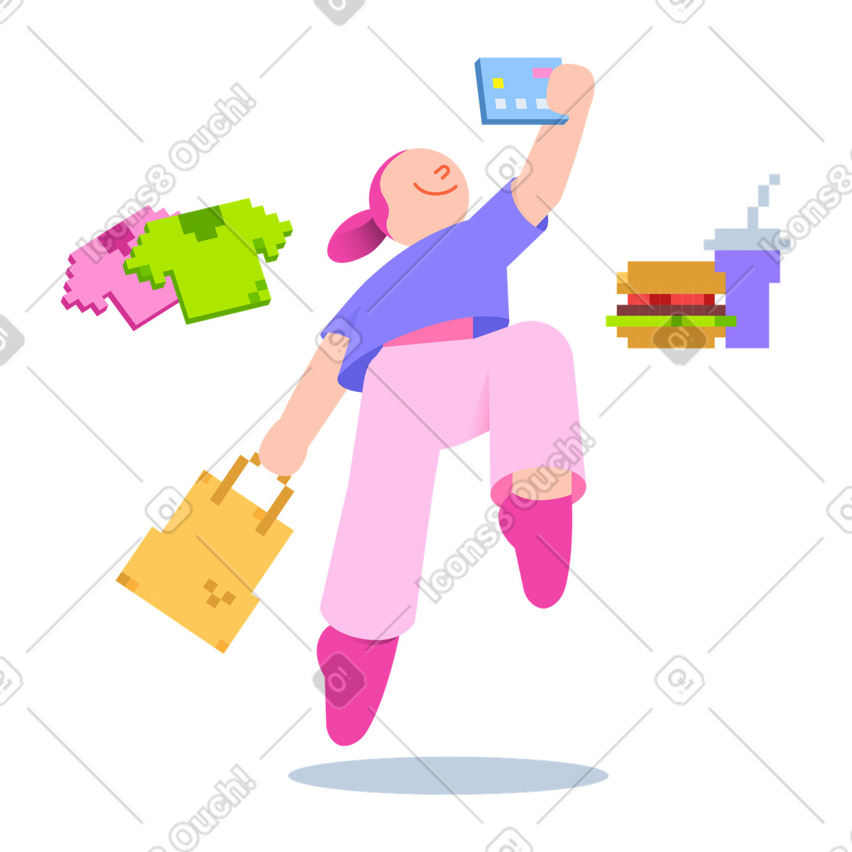 Illustration animée Femme faisant du shopping et payant par carte dans le style 8bit à télécharger aux formats GIF, Lottie (JSON), AE