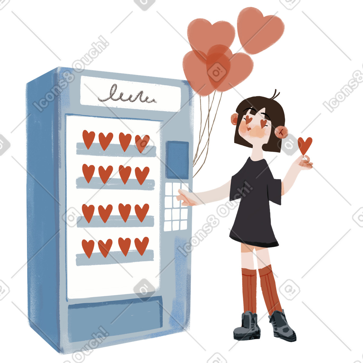 Ragazza al distributore automatico che vende cuori illustrazione in stile Ikigai scarica in PNG, SVG