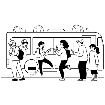 A group of five friends stands in front of a bus, eagerly preparing to board for their adventure trip. One friend, wearing a backpack, is at the bus door, turning to smile at the others. Another friend, with a baseball cap, is jumping in excitement. A girl with curly hair is checking her phone while holding a water bottle, and another friend with sunglasses is laughing. The last friend, wearing a bright jacket, is leaning against the bus, looking at the group with a joyful expression. The bus is parked on a city street, with trees and buildings in the background.