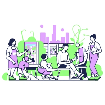 A group of artists is gathered in an urban park, each focused on their individual artwork. In the center, one artist is seated on a bench, sketching a cityscape that features tall buildings and a clear sky. To the left, another artist stands with a canvas on an easel, painting a street scene that includes pedestrians walking and colorful storefronts. Nearby, a third artist is crouched down, capturing details of a tree in the foreground. The park is filled with greenery, and a couple of people are walking by, adding life to the scene. The artists are equipped with various supplies, including paints, brushes, and sketchbooks.