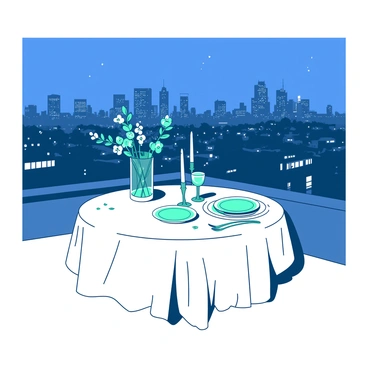 A white table is set for two on a rooftop, adorned with elegant dinnerware and a small vase of fresh flowers. Flickering teal candles cast a soft glow on the table. In the background, a sprawling city skyline is visible, with various buildings illuminated by bright night lights. The sky is deep blue, dotted with a few scattered stars. A gentle breeze causes the tablecloth to ripple slightly, creating an inviting atmosphere for a romantic dinner.