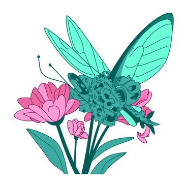 A teal mechanical butterfly with intricate moving gears and cogs is fluttering gracefully between pink flowers. The wings of the butterfly are adorned with detailed patterns, highlighting the metallic elements of its design. Each flutter causes the gears to rotate visibly, creating a mesmerizing display of movement. The flowers surrounding the butterfly are vibrant, with delicate petals catching the light, providing a beautiful contrast to the mechanical creature as it navigates through the garden.