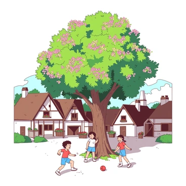 A large flowering tree towers over a medieval village, its vibrant blooms spreading across the branches. Beneath the shade of the tree, several children are playing joyfully, with one child climbing the tree while others are kicking a small red ball on the grass. The village cottages made of stone and timber are visible in the background, with thatched roofs and blooming flower boxes. The sun casts soft shadows on the ground, creating a lively atmosphere in the village square.