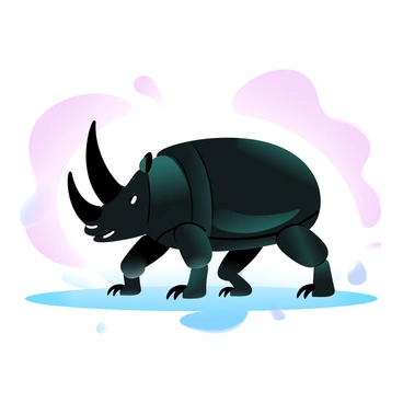 A rhinoceros beetle is positioned in the center of the image. The beetle has a prominent, exaggerated horn that resembles a nose, extending outward from its head. The body of the beetle is a glossy black with hints of dark green reflections. Its legs are sturdy and well-defined, supporting its weight on the surface it occupies. Surrounding the beetle is a soft gradient of pastel colors, fading from light pink at the top to pale blue at the bottom, creating a gentle backdrop. The overall composition highlights the unique features of the rhinoceros beetle, particularly its distinctive horn.