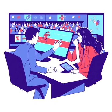 Two sports analysts are seated at a broadcast set, engaged in an animated discussion about the match highlights. The first analyst, wearing a blue suit, gestures towards a large screen displaying key moments from the game in vibrant colors. The second analyst, dressed in a red blazer, leans forward with a thoughtful expression, holding a tablet with additional statistics. Behind them, a backdrop features the team's logos and an audience of fans watching intently. The atmosphere is dynamic, filled with energy as they analyze plays and strategies.