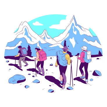 A group of hikers is trekking through the rugged terrain of a flat Earth landscape. The hikers are dressed in colorful outdoor gear, with backpacks and walking sticks, navigating over rocky ground. In the background, there are towering mountains with sharp peaks rising majestically. The sky above is clear and bright, adding to the expansive view of the flat landscape that stretches out towards the horizon. The hikers are focused on their path, enjoying the adventure in this unique setting.