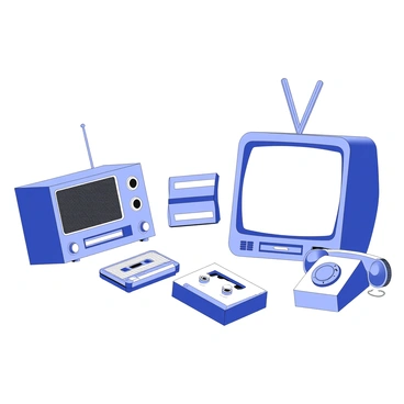 A display of vintage electronic devices is arranged against a neutral backdrop. The scene features an old radio with a wooden finish, complete with dials and a mesh speaker grille. Next to it, there is a classic television set with a rounded screen and rabbit ear antennas on top. The television frame is metallic, showcasing knobs for channel selection and volume control. An antique cassette player is visible, with buttons for play, stop, and rewind, set next to a stack of cassette tapes. A rotary dial telephone is included in the display, featuring a circular dial and a coiled cord. Each item is positioned thoughtfully to highlight its unique design and features.