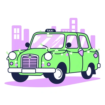 A British taxi is parked on a street, adorned with holiday lights and ornaments for Christmas. The taxi's exterior is wrapped in a string of glowing green and purple lights that twinkle brightly. Various ornaments, including stars and baubles, are attached to the side mirrors and the front grille. The windows are slightly fogged, adding a cozy feel. In the background, there are faint outlines of buildings, and a light dusting of snow covers the ground, completing the festive scene.