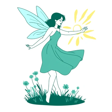 A teal fairy with delicate, shimmering wings is performing a graceful dance in mid-air at the break of dawn. The sun is rising in the background, casting a warm glow across the sky. The fairy's dress is flowing and appears to be made of gossamer fabric, dancing with her movements. Soft rays of sunlight illuminate her features, highlighting a serene expression on her face as she twirls. Below her, the grass is dew-kissed and glistening, and small flowers are starting to bloom, adding vibrant splashes of color to the scene.