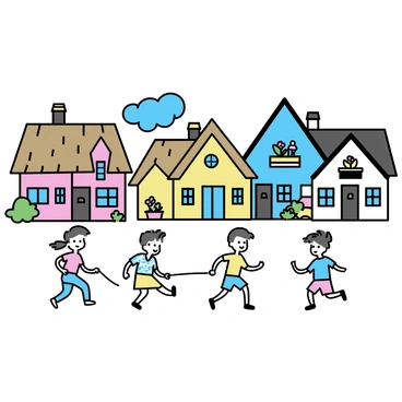 A quaint village scene with several traditional Swedish homes featuring distinctive colorful wooden facades and thatched roofs. In the foreground, a group of children is playing, some are skipping rope while others are playing tag. The children are dressed in bright, casual clothing, with a mix of patterns and colors. There are flowers in window boxes and greenery surrounding the homes, enhancing the charm of the village. A clear blue sky adds to the cheerful atmosphere of the scene.